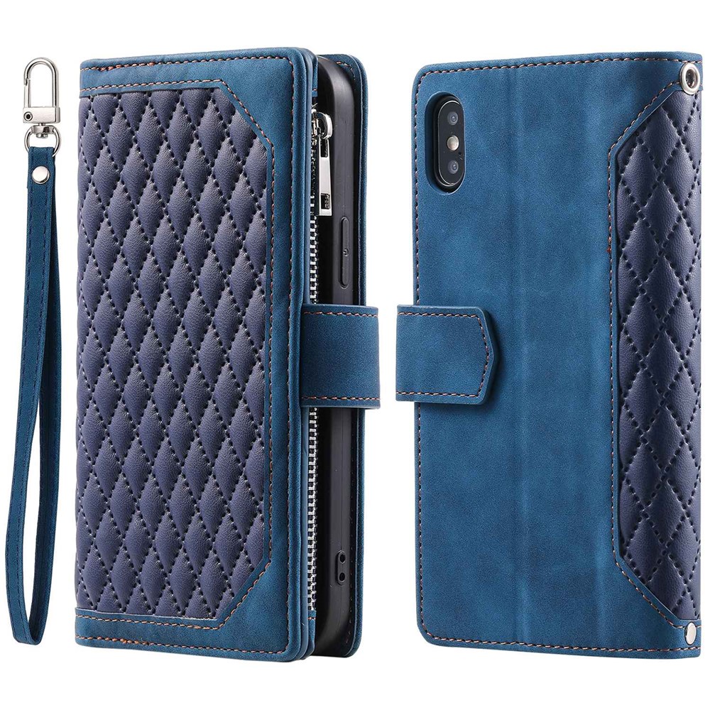 005 Style Leather Case with Strap for iPhone XS Max 6.5 inch, Rhombus Texture Zipper Pocket Phone Cover with Stand Wallet - Blue