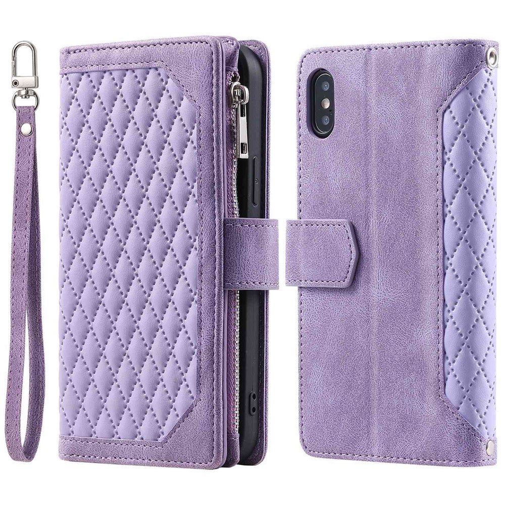 005 Style Leather Case with Strap for iPhone XS Max 6.5 inch, Rhombus Texture Zipper Pocket Phone Cover with Stand Wallet - Purple