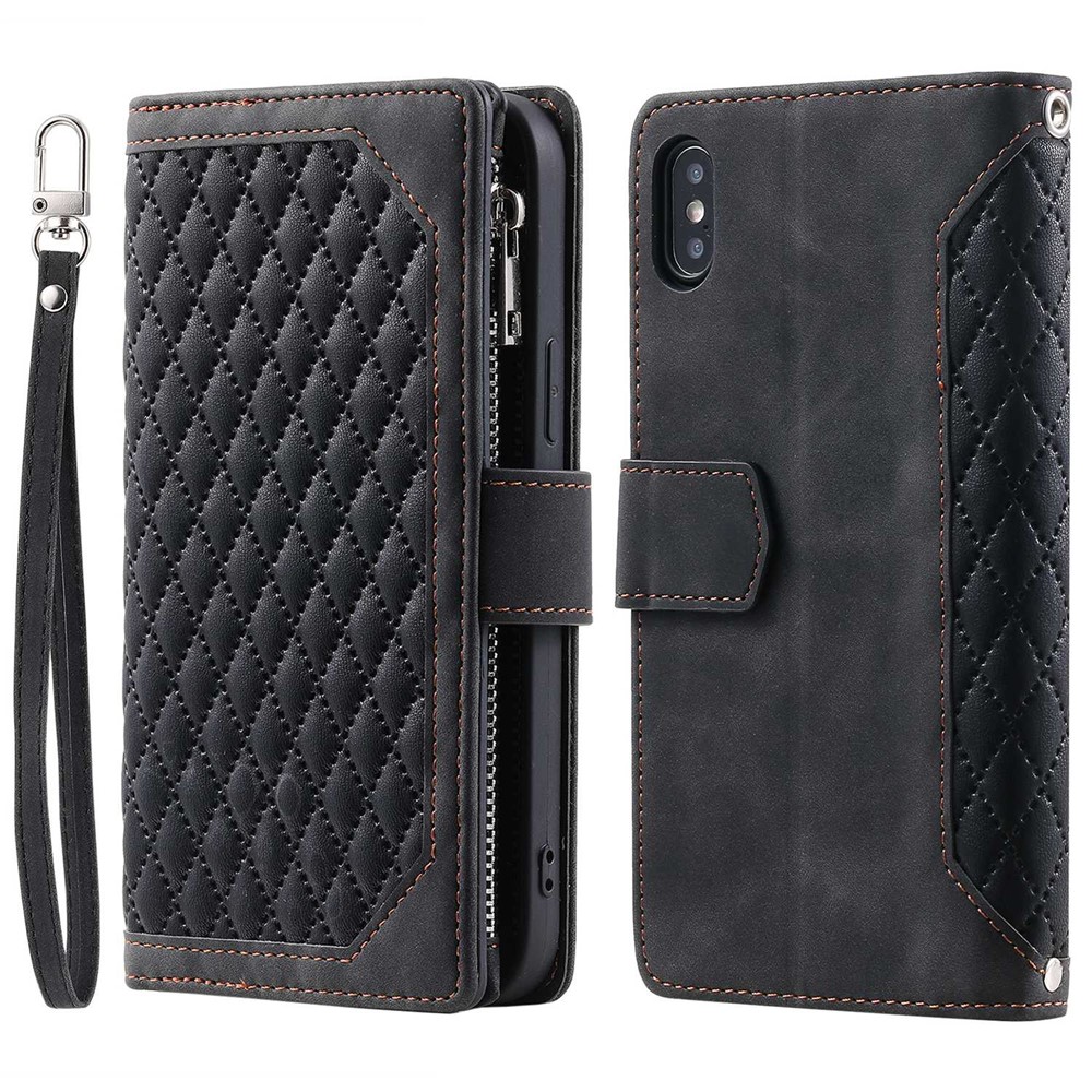 005 Style Leather Case with Strap for iPhone XS Max 6.5 inch, Rhombus Texture Zipper Pocket Phone Cover with Stand Wallet - Black