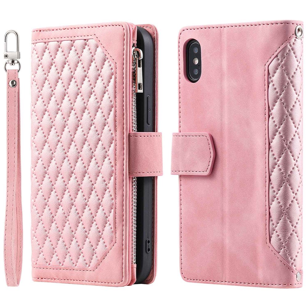 005 Style Leather Case with Strap for iPhone XS Max 6.5 inch, Rhombus Texture Zipper Pocket Phone Cover with Stand Wallet - Rose Gold