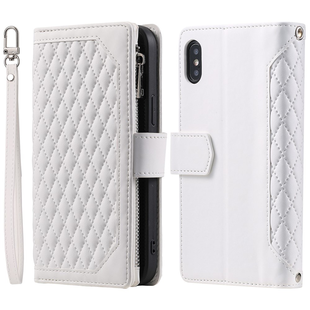005 Style Leather Case with Strap for iPhone XS Max 6.5 inch, Rhombus Texture Zipper Pocket Phone Cover with Stand Wallet - White