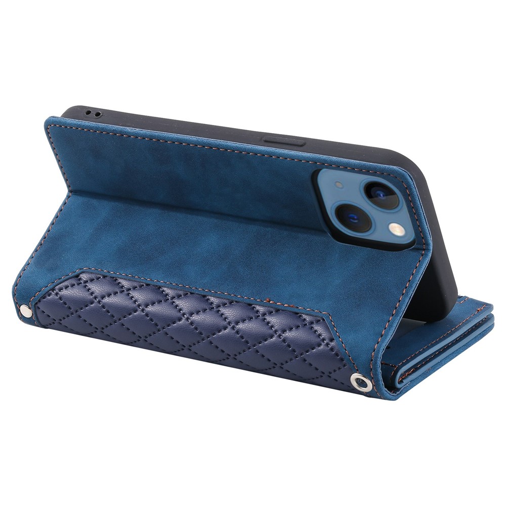 005 Style Zipper Pocket Leather Case for iPhone 13 mini 5.4 inch, Rhombus Texture Stand Wallet Shockproof Phone Cover with Wrist Strap - Blue-4