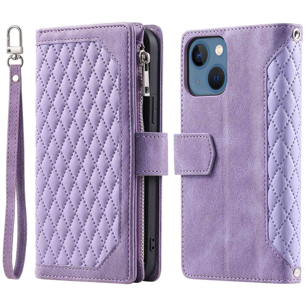 005 Style Zipper Pocket Leather Case for iPhone 13 mini 5.4 inch, Rhombus Texture Stand Wallet Shockproof Phone Cover with Wrist Strap - Purple