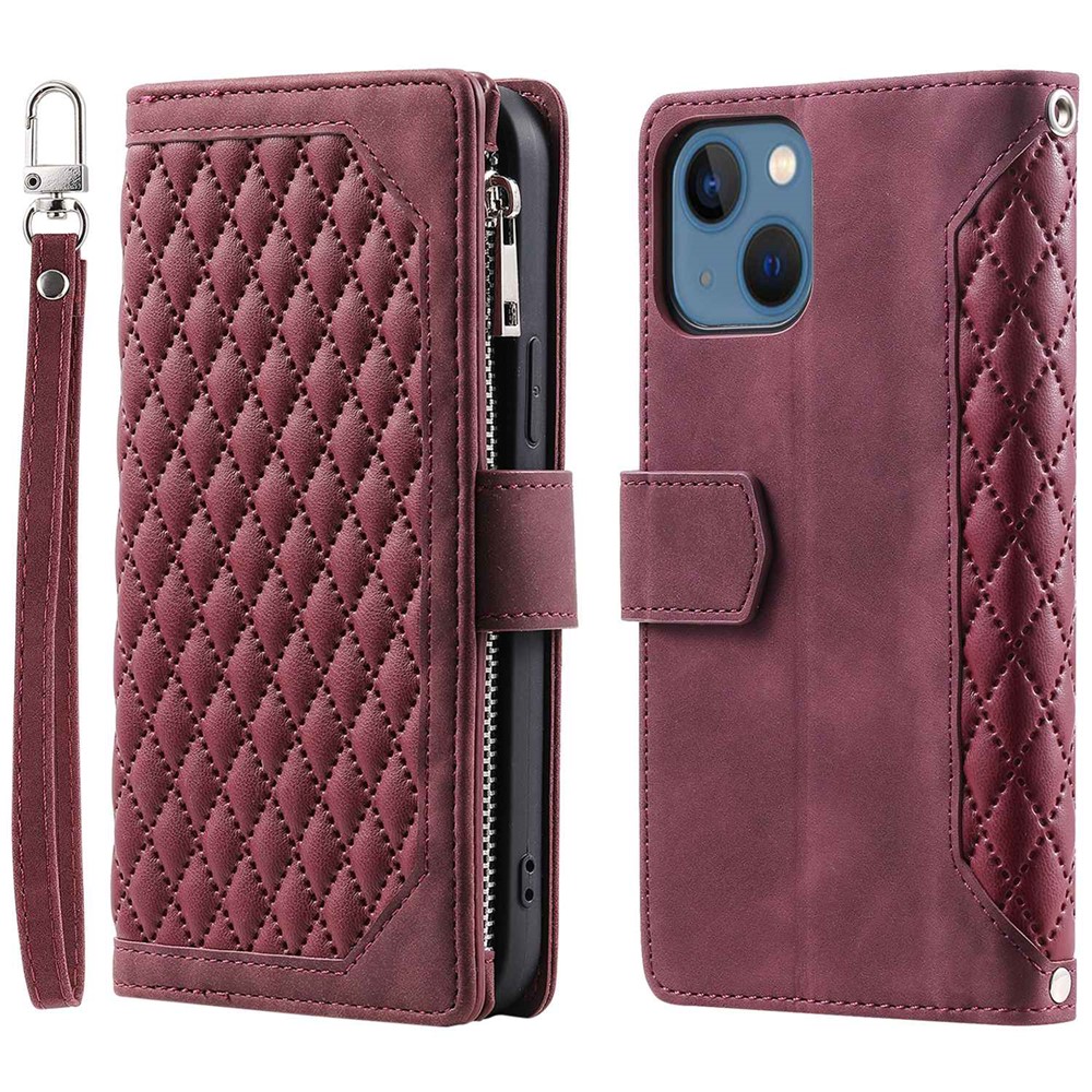 005 Style Zipper Pocket Leather Case for iPhone 13 mini 5.4 inch, Rhombus Texture Stand Wallet Shockproof Phone Cover with Wrist Strap - Wine Red