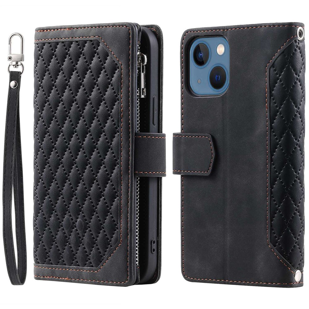 005 Style Zipper Pocket Leather Case for iPhone 13 mini 5.4 inch, Rhombus Texture Stand Wallet Shockproof Phone Cover with Wrist Strap - Black