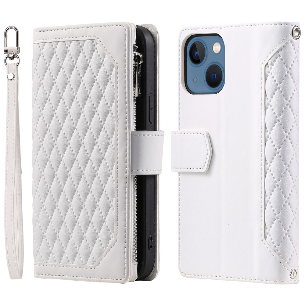 005 Style Zipper Pocket Leather Case for iPhone 13 mini 5.4 inch, Rhombus Texture Stand Wallet Shockproof Phone Cover with Wrist Strap - White