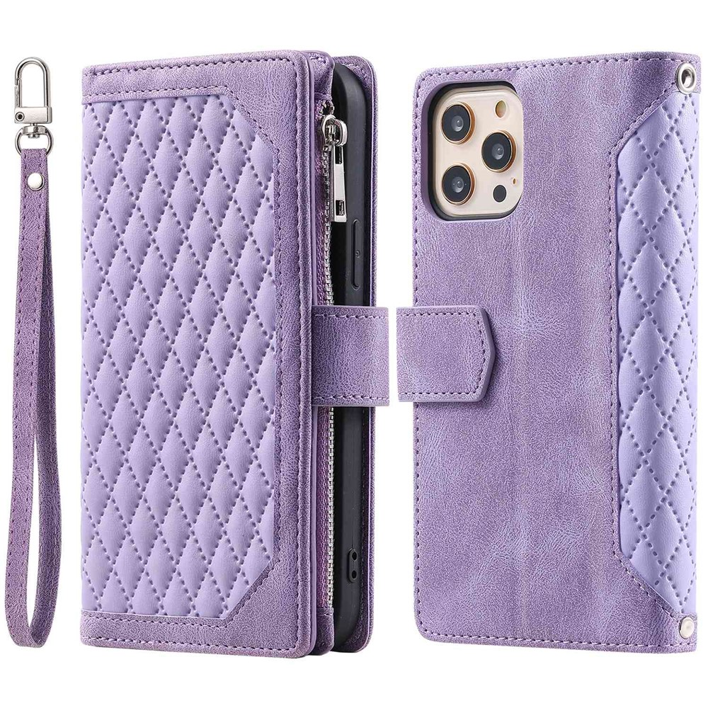 005 Style Zipper Pocket Stand Case for iPhone 11 Pro Max 6.5 inch, PU Leather Wallet Rhombus Texture Phone Shell Protector with Wrist Strap - Purple