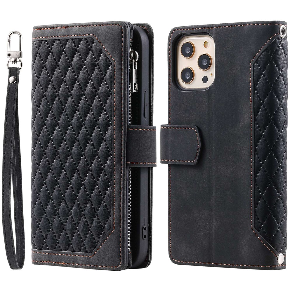 005 Style Zipper Pocket Stand Case for iPhone 11 Pro Max 6.5 inch, PU Leather Wallet Rhombus Texture Phone Shell Protector with Wrist Strap - Black