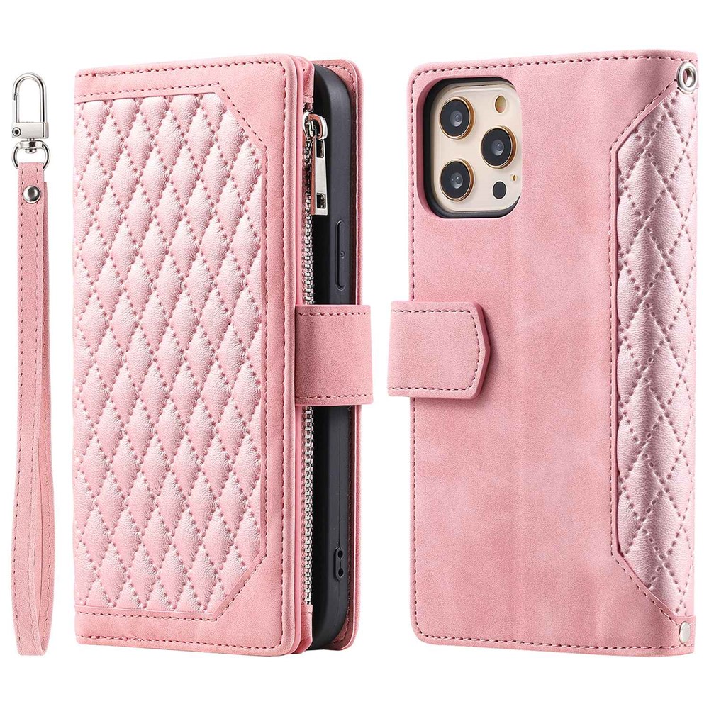 005 Style Zipper Pocket Stand Case for iPhone 11 Pro Max 6.5 inch, PU Leather Wallet Rhombus Texture Phone Shell Protector with Wrist Strap - Rose Gold