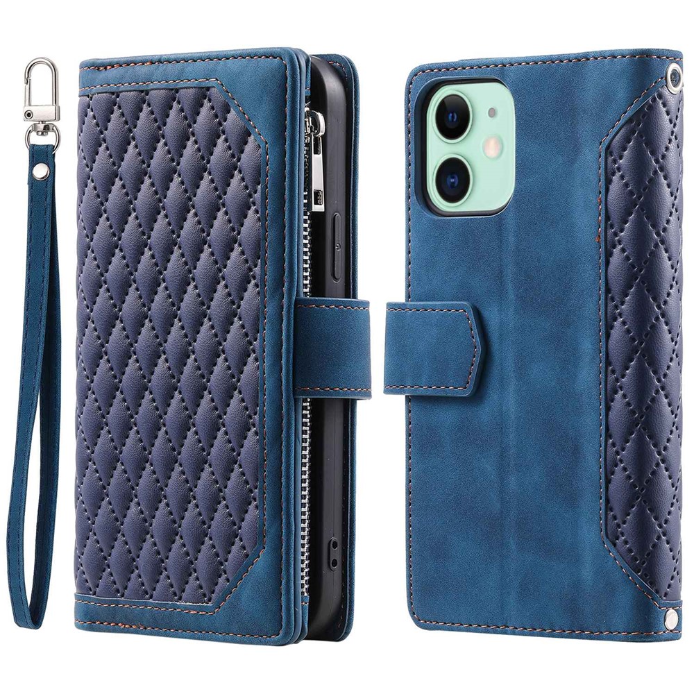 005 Style PU Leather Zipper Pocket Case for iPhone 12 mini 5.4 inch, Stand Rhombus Texture Anti-drop Phone Wallet Cover with Wrist Strap - Blue