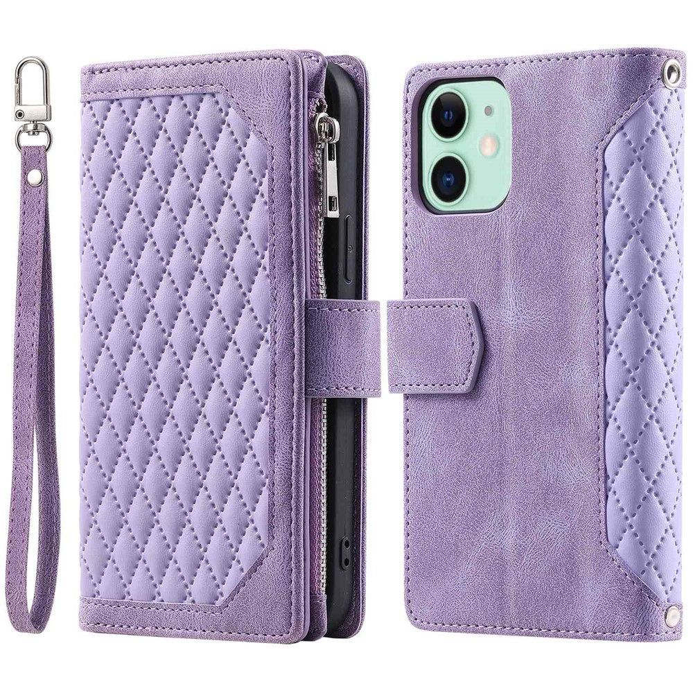 005 Style PU Leather Zipper Pocket Case for iPhone 12 mini 5.4 inch, Stand Rhombus Texture Anti-drop Phone Wallet Cover with Wrist Strap - Purple