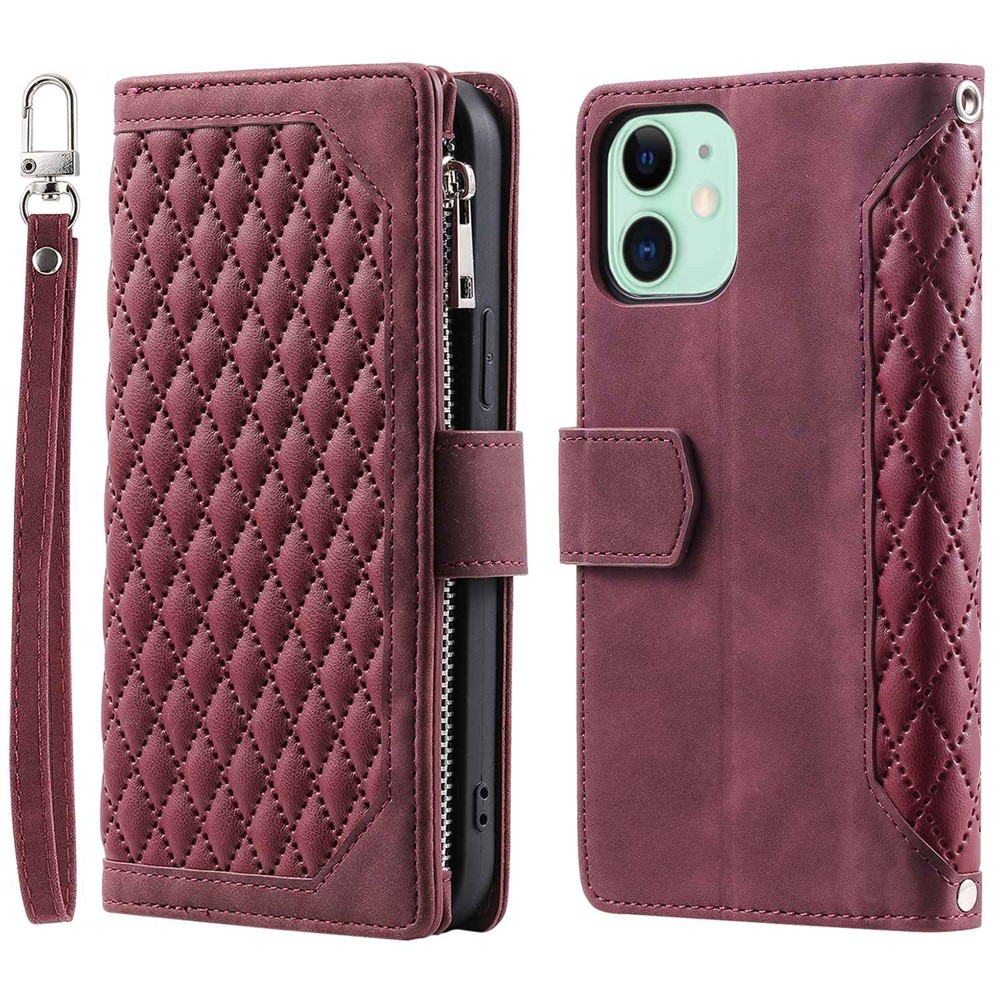 005 Style PU Leather Zipper Pocket Case for iPhone 12 mini 5.4 inch, Stand Rhombus Texture Anti-drop Phone Wallet Cover with Wrist Strap - Wine Red