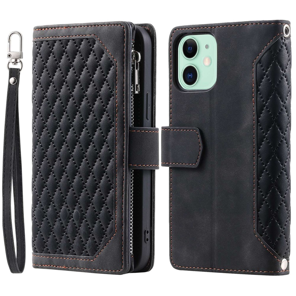 005 Style PU Leather Zipper Pocket Case for iPhone 12 mini 5.4 inch, Stand Rhombus Texture Anti-drop Phone Wallet Cover with Wrist Strap - Black