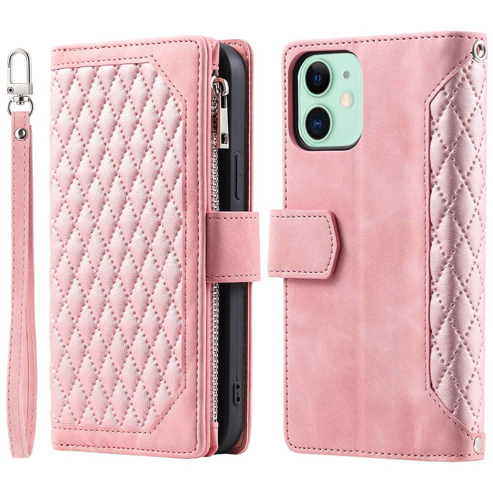 005 Style PU Leather Zipper Pocket Case for iPhone 12 mini 5.4 inch, Stand Rhombus Texture Anti-drop Phone Wallet Cover with Wrist Strap - Rose Gold