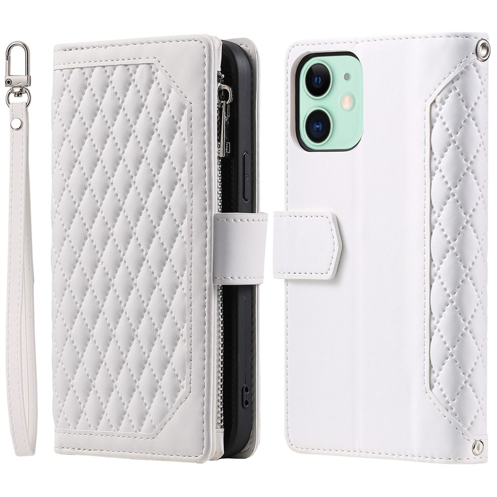 005 Style PU Leather Zipper Pocket Case for iPhone 12 mini 5.4 inch, Stand Rhombus Texture Anti-drop Phone Wallet Cover with Wrist Strap - White