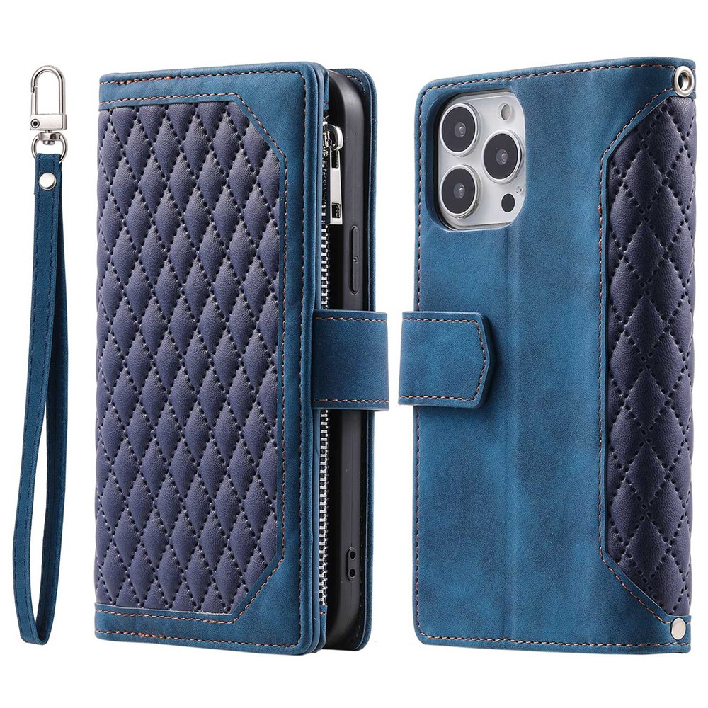005 Style Rhombus Texture Phone Case for iPhone 14 Pro 6.1 inch, PU Leather Stand Wallet Zipper Pocket Cover with Wrist Strap - Blue-1