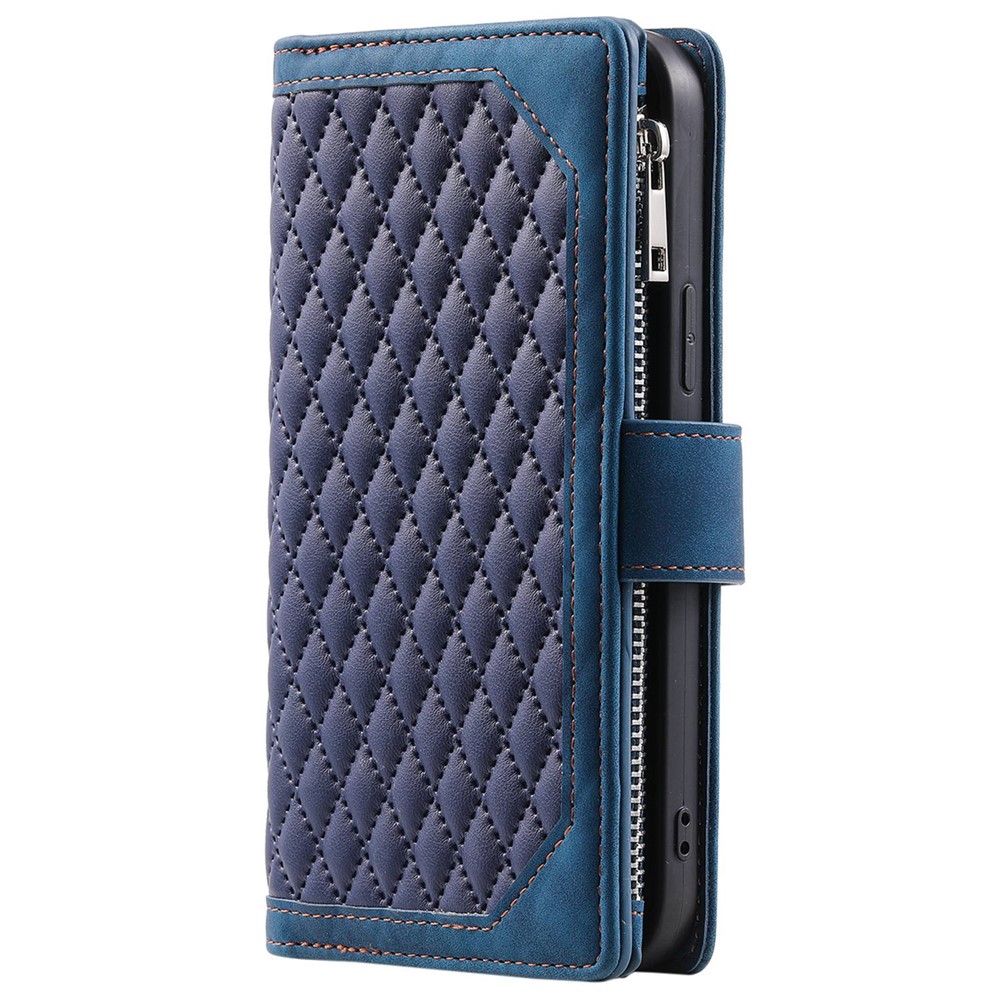 005 Style Rhombus Texture Phone Case for iPhone 14 Pro 6.1 inch, PU Leather Stand Wallet Zipper Pocket Cover with Wrist Strap - Blue-10