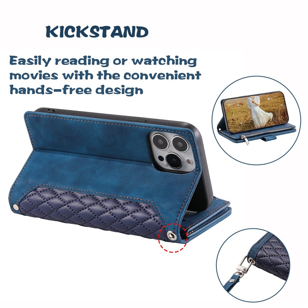 005 Style Rhombus Texture Phone Case for iPhone 14 Pro 6.1 inch, PU Leather Stand Wallet Zipper Pocket Cover with Wrist Strap - Blue-4