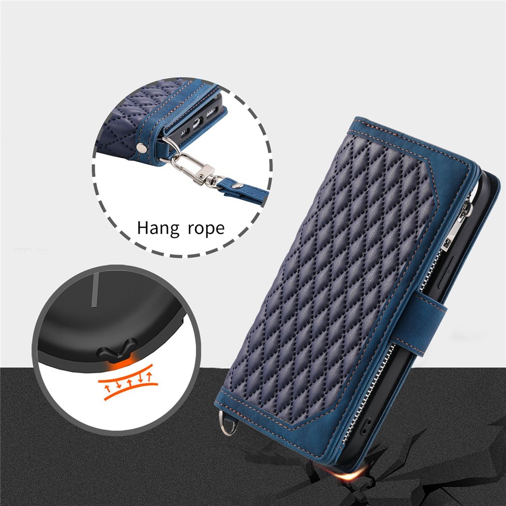 005 Style Rhombus Texture Phone Case for iPhone 14 Pro 6.1 inch, PU Leather Stand Wallet Zipper Pocket Cover with Wrist Strap - Blue-7