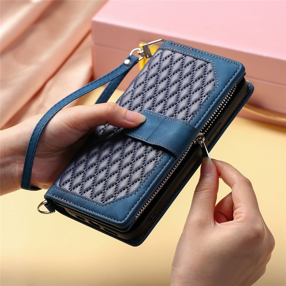 005 Style Rhombus Texture Phone Case for iPhone 14 Pro 6.1 inch, PU Leather Stand Wallet Zipper Pocket Cover with Wrist Strap - Blue-8