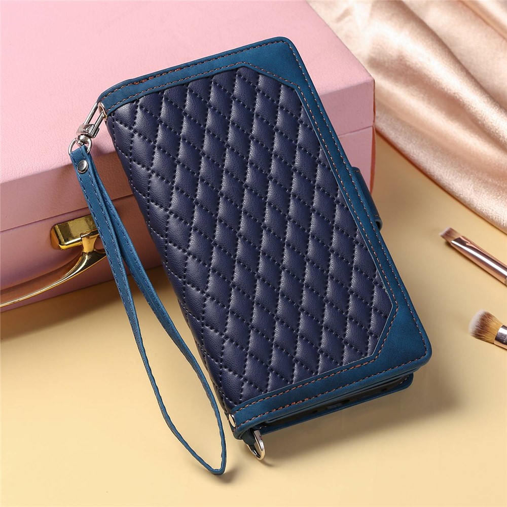 005 Style Rhombus Texture Phone Case for iPhone 14 Pro 6.1 inch, PU Leather Stand Wallet Zipper Pocket Cover with Wrist Strap - Blue-9