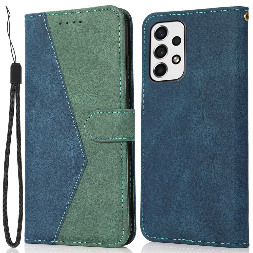 For Samsung Galaxy A23 4G (165.4 x 76.9 x 8.4mm) Anti-fall Color Splicing PU Leather Phone Cover Shockproof Flip Wallet Stand Case with Wrist Strap - Blue / Green-1