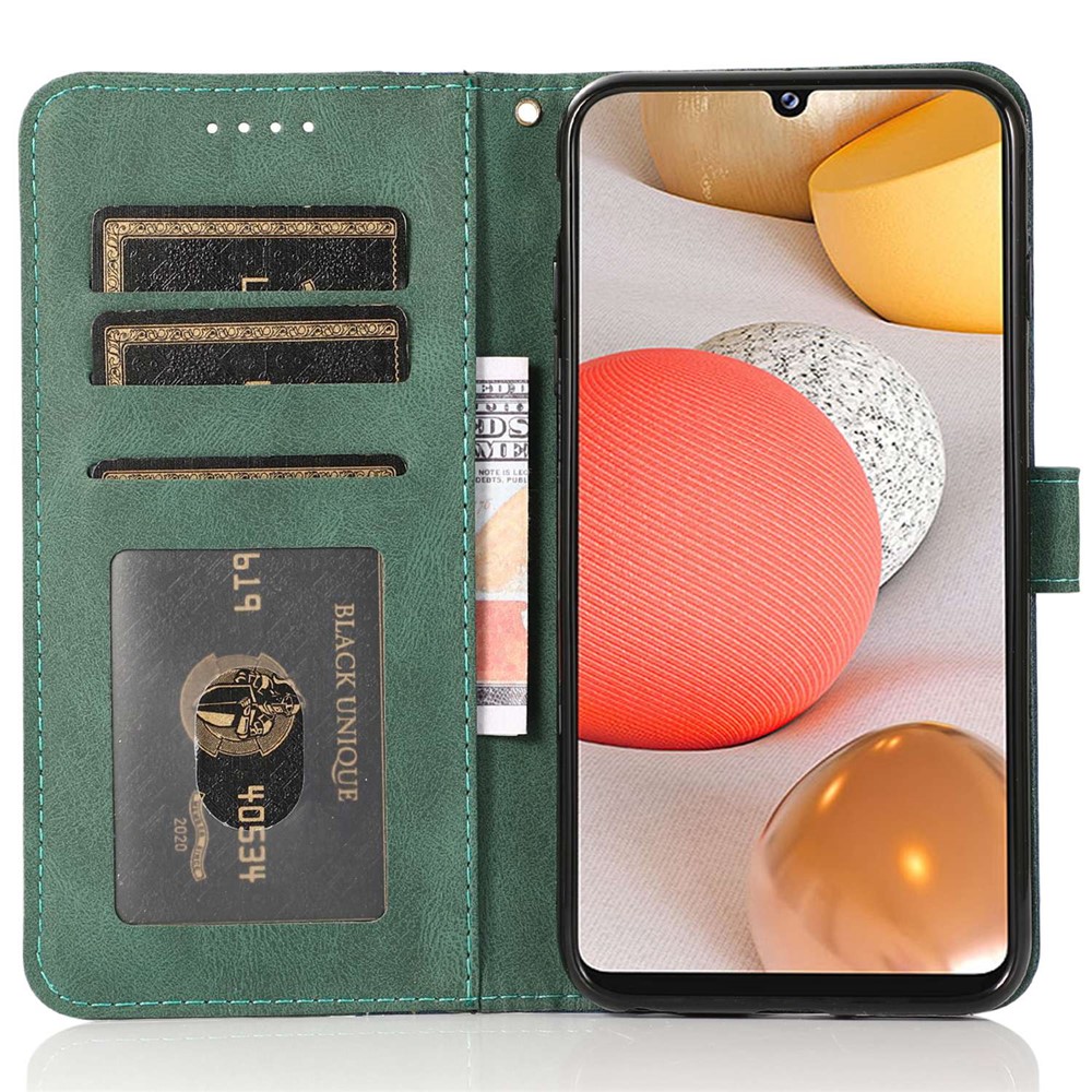 For Samsung Galaxy A23 4G (165.4 x 76.9 x 8.4mm) Anti-fall Color Splicing PU Leather Phone Cover Shockproof Flip Wallet Stand Case with Wrist Strap - Blue / Green-2