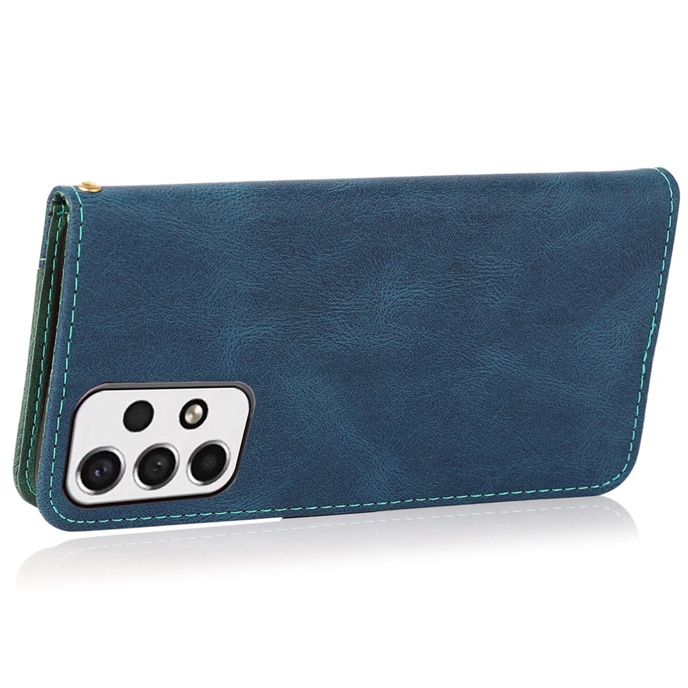 For Samsung Galaxy A23 4G (165.4 x 76.9 x 8.4mm) Anti-fall Color Splicing PU Leather Phone Cover Shockproof Flip Wallet Stand Case with Wrist Strap - Blue / Green-4