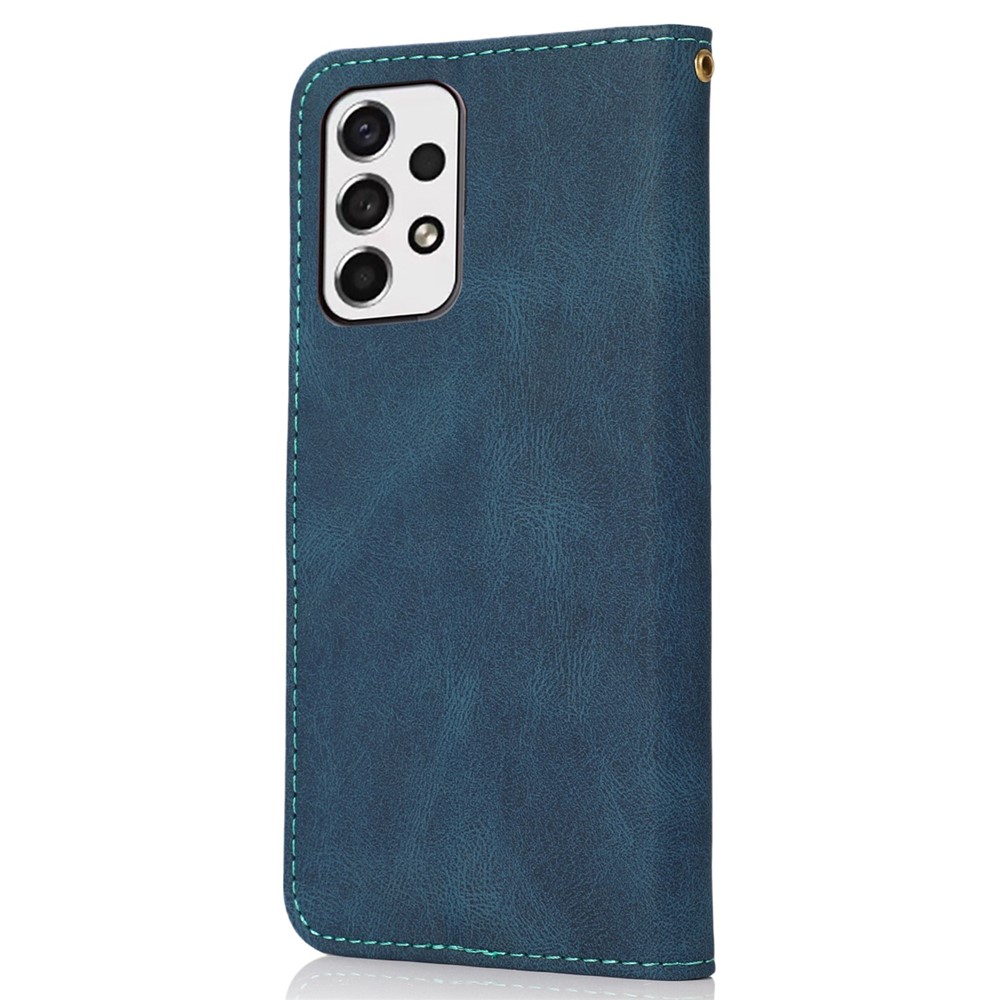 For Samsung Galaxy A23 4G (165.4 x 76.9 x 8.4mm) Anti-fall Color Splicing PU Leather Phone Cover Shockproof Flip Wallet Stand Case with Wrist Strap - Blue / Green-6
