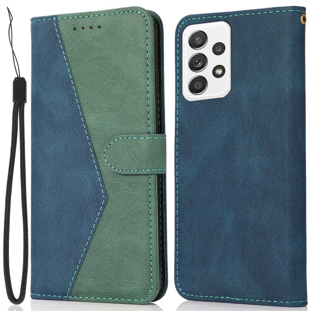 For Samsung Galaxy A13 4G / 5G Anti-scratch Color Splicing Phone Cover Drop-proof PU Leather Wallet Stand Case with Wrist Strap - Blue / Green-1