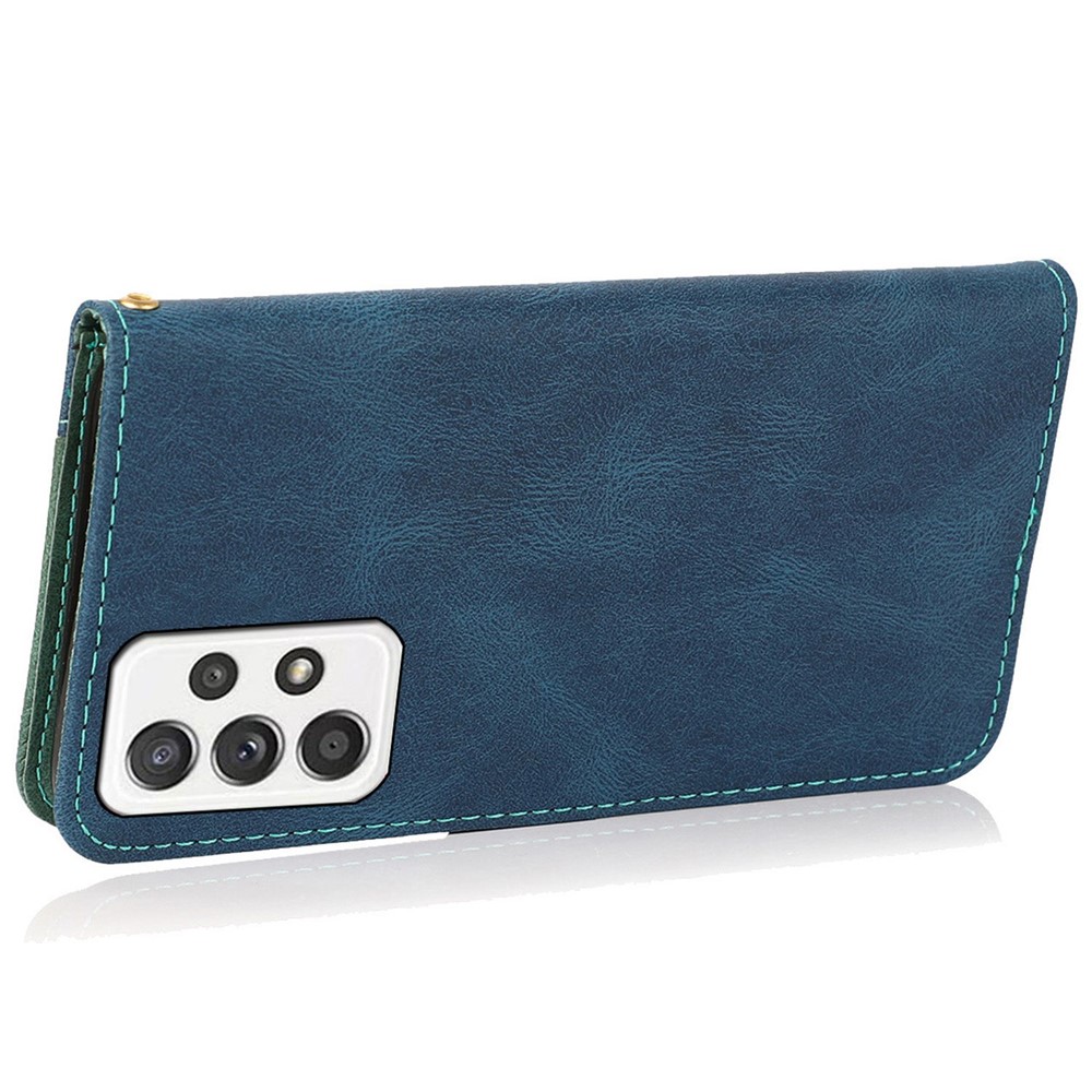 For Samsung Galaxy A13 4G / 5G Anti-scratch Color Splicing Phone Cover Drop-proof PU Leather Wallet Stand Case with Wrist Strap - Blue / Green-4