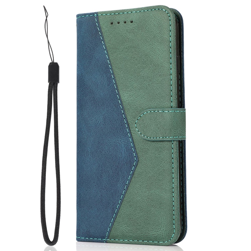 For Samsung Galaxy A13 4G / 5G Anti-scratch Color Splicing Phone Cover Drop-proof PU Leather Wallet Stand Case with Wrist Strap - Blue / Green-5