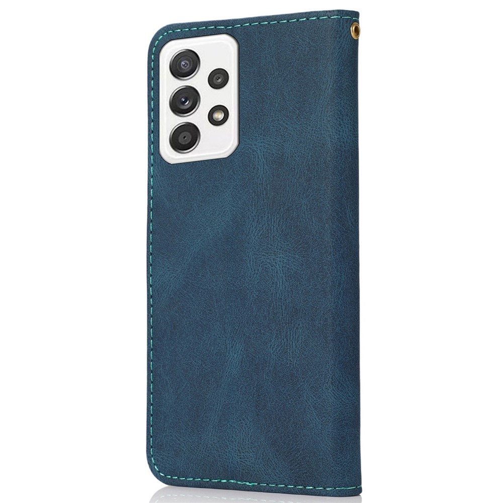 For Samsung Galaxy A13 4G / 5G Anti-scratch Color Splicing Phone Cover Drop-proof PU Leather Wallet Stand Case with Wrist Strap - Blue / Green-6