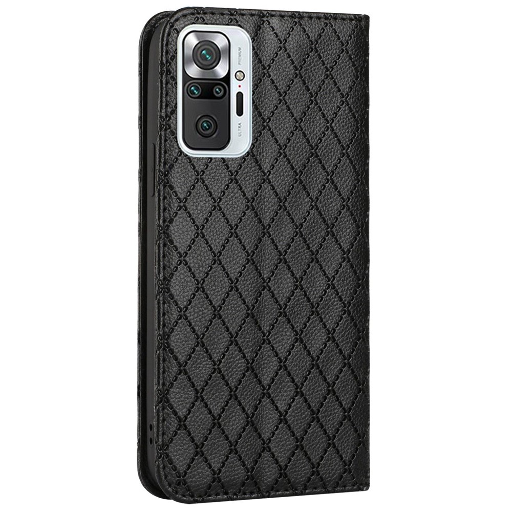 For Xiaomi Redmi Note 10 Pro 4G (Global) / (India) / Redmi Note 10 Pro Max 4G Anti-fall Flip Case Imprinted Rhombus Pattern Litchi Texture Magnetic PU Leather Wallet Cover - Black-11