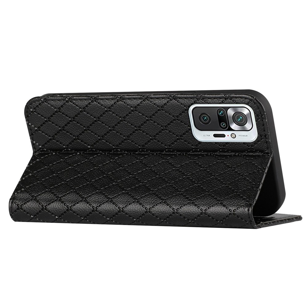 For Xiaomi Redmi Note 10 Pro 4G (Global) / (India) / Redmi Note 10 Pro Max 4G Anti-fall Flip Case Imprinted Rhombus Pattern Litchi Texture Magnetic PU Leather Wallet Cover - Black-4