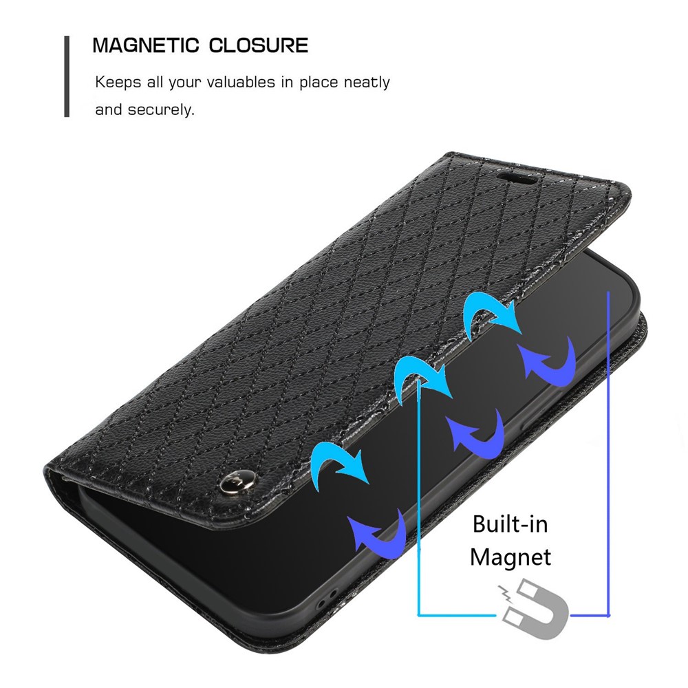 For Xiaomi Redmi Note 10 Pro 4G (Global) / (India) / Redmi Note 10 Pro Max 4G Anti-fall Flip Case Imprinted Rhombus Pattern Litchi Texture Magnetic PU Leather Wallet Cover - Black-5