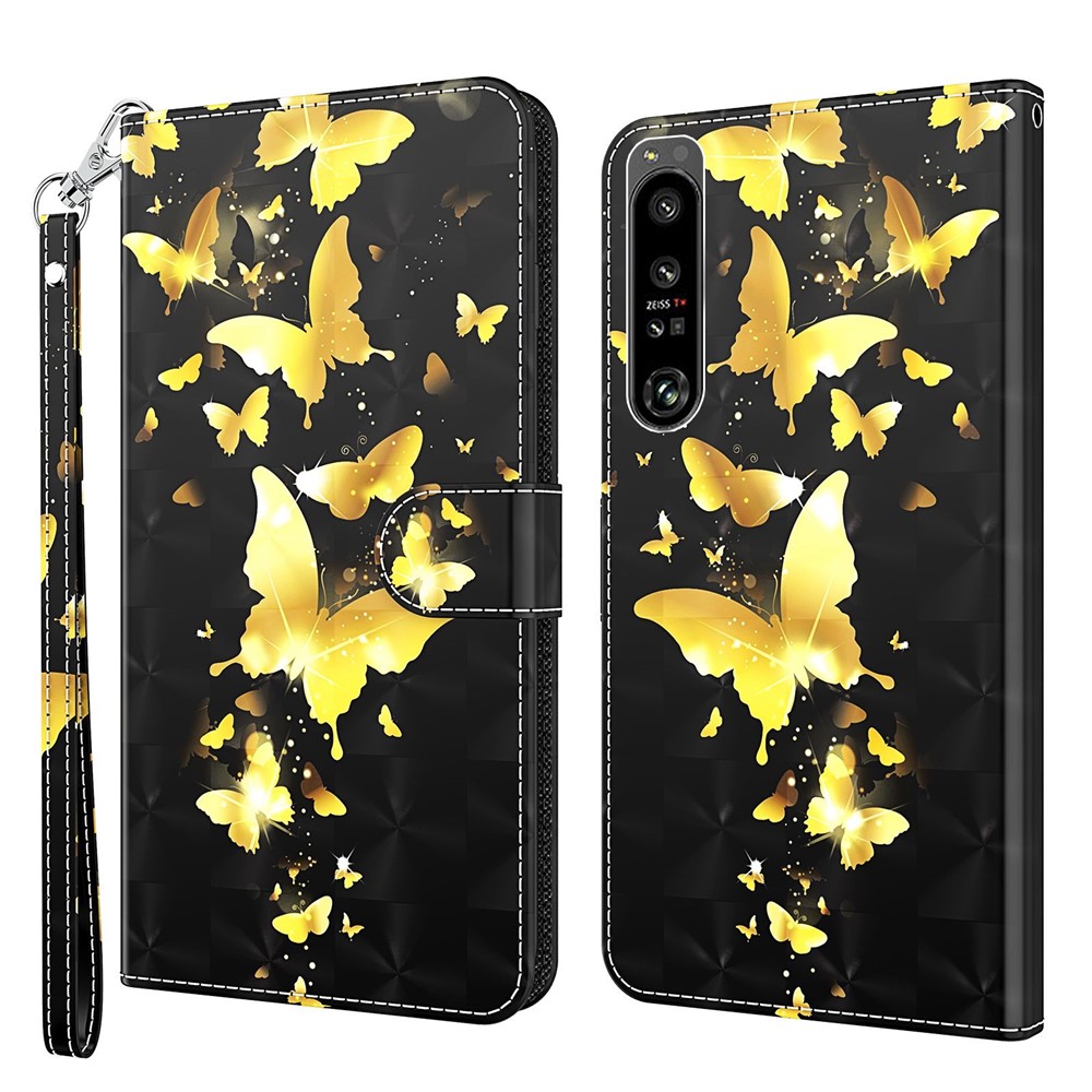 For Sony Xperia 1 IV 5G Anti-wear Anti-fall PU Leather Phone Case Stand 3D Pattern Printed Wallet Magnetic Phone Cover with Strap - Golden Butterflies-1