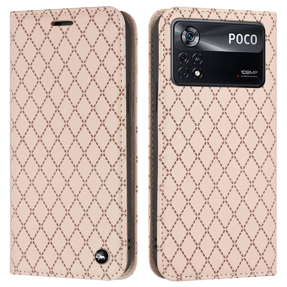 For Xiaomi Poco X4 Pro 5G Anti-fall Litchi Texture Phone Wallet Stand with Imprinted Rhombus Pattern RFID Blocking Protective Case - Yellow-1