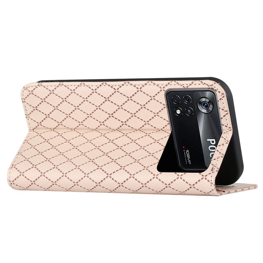 For Xiaomi Poco X4 Pro 5G Anti-fall Litchi Texture Phone Wallet Stand with Imprinted Rhombus Pattern RFID Blocking Protective Case - Yellow-4