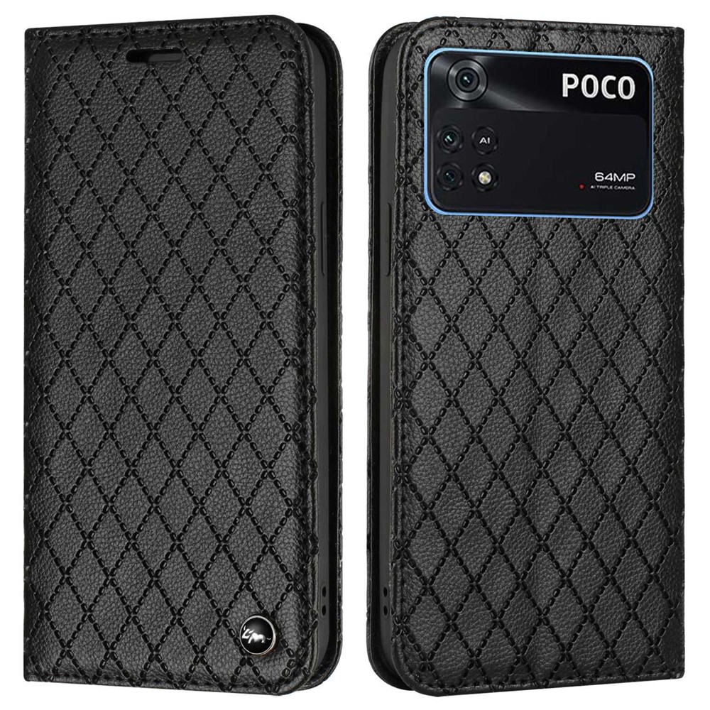 For Xiaomi Poco M4 Pro 4G Anti-fall Litchi Texture Phone Wallet Stand with Imprinted Rhombus Pattern Wear-resistant Mobile Phone Case - Black-1