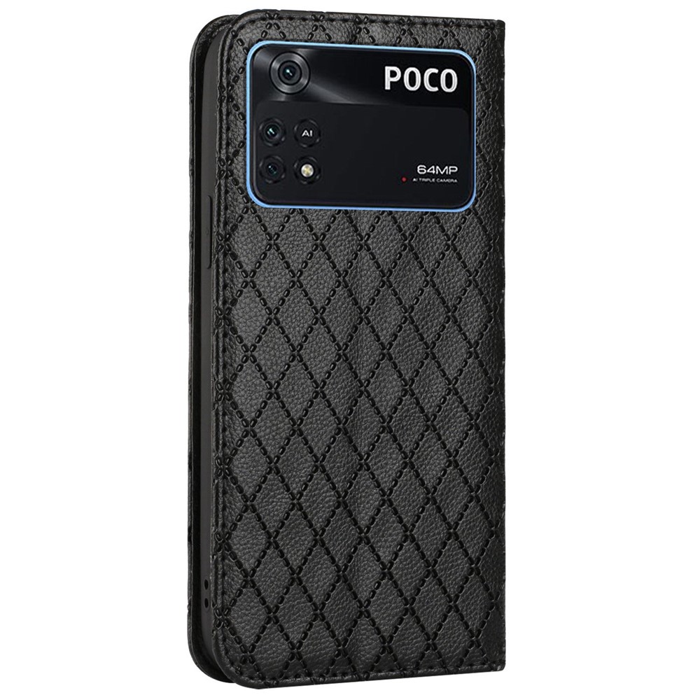 For Xiaomi Poco M4 Pro 4G Anti-fall Litchi Texture Phone Wallet Stand with Imprinted Rhombus Pattern Wear-resistant Mobile Phone Case - Black-11