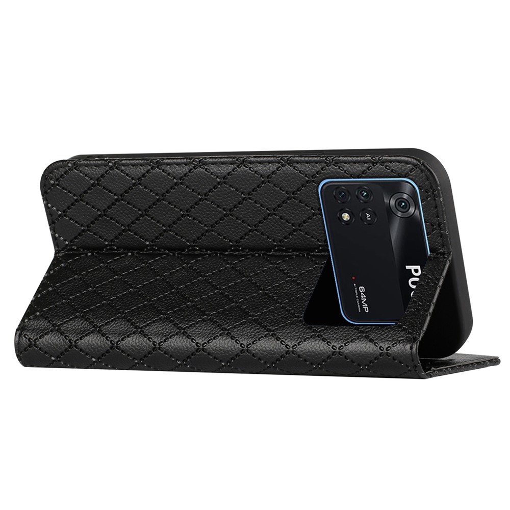 For Xiaomi Poco M4 Pro 4G Anti-fall Litchi Texture Phone Wallet Stand with Imprinted Rhombus Pattern Wear-resistant Mobile Phone Case - Black-4