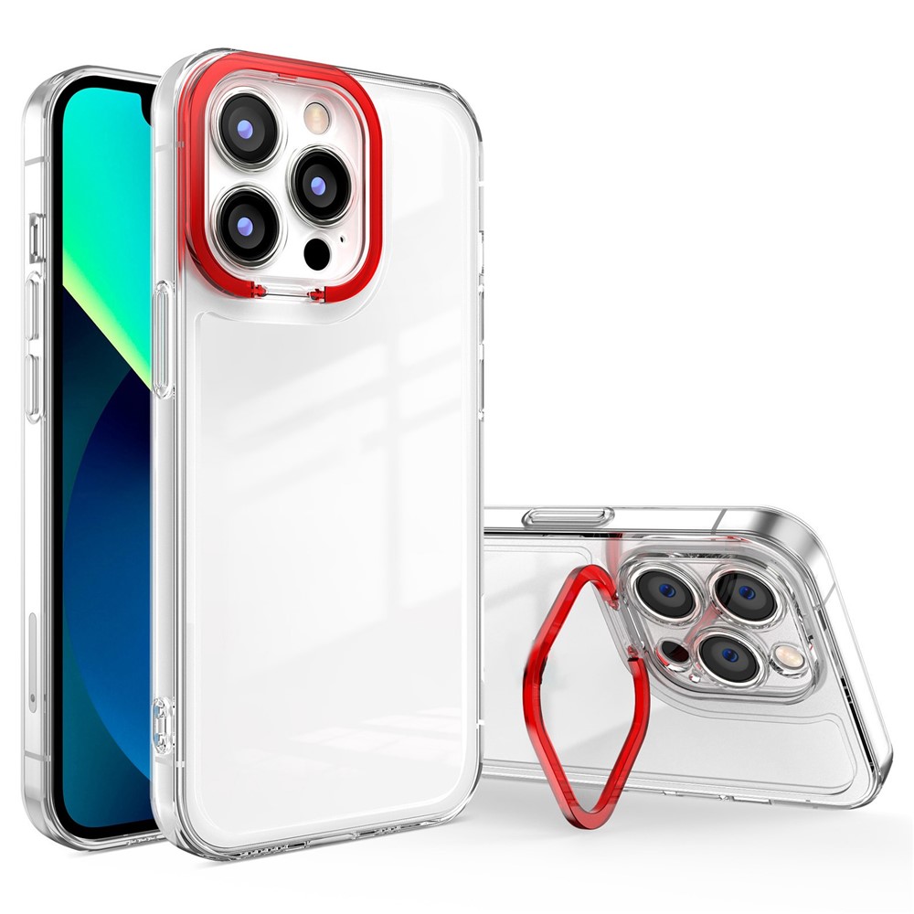 For iPhone 13 Pro Max 6.7 inch Anti-drop Transparent TPU Cover Case with PC Lens Frame Kickstand - Red-1