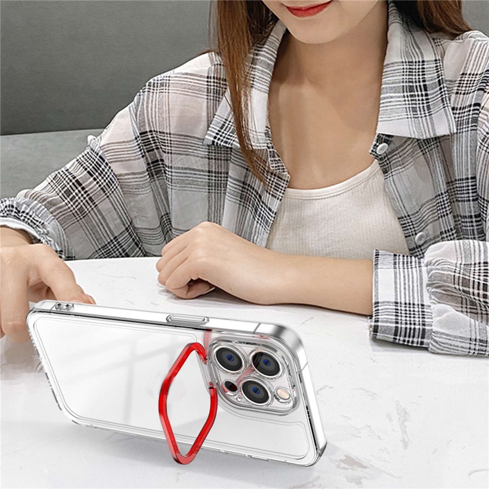 For iPhone 13 Pro Max 6.7 inch Anti-drop Transparent TPU Cover Case with PC Lens Frame Kickstand - Red-2