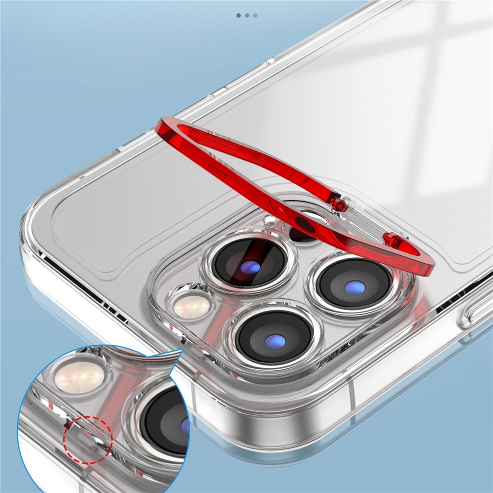 For iPhone 13 Pro Max 6.7 inch Anti-drop Transparent TPU Cover Case with PC Lens Frame Kickstand - Red-3