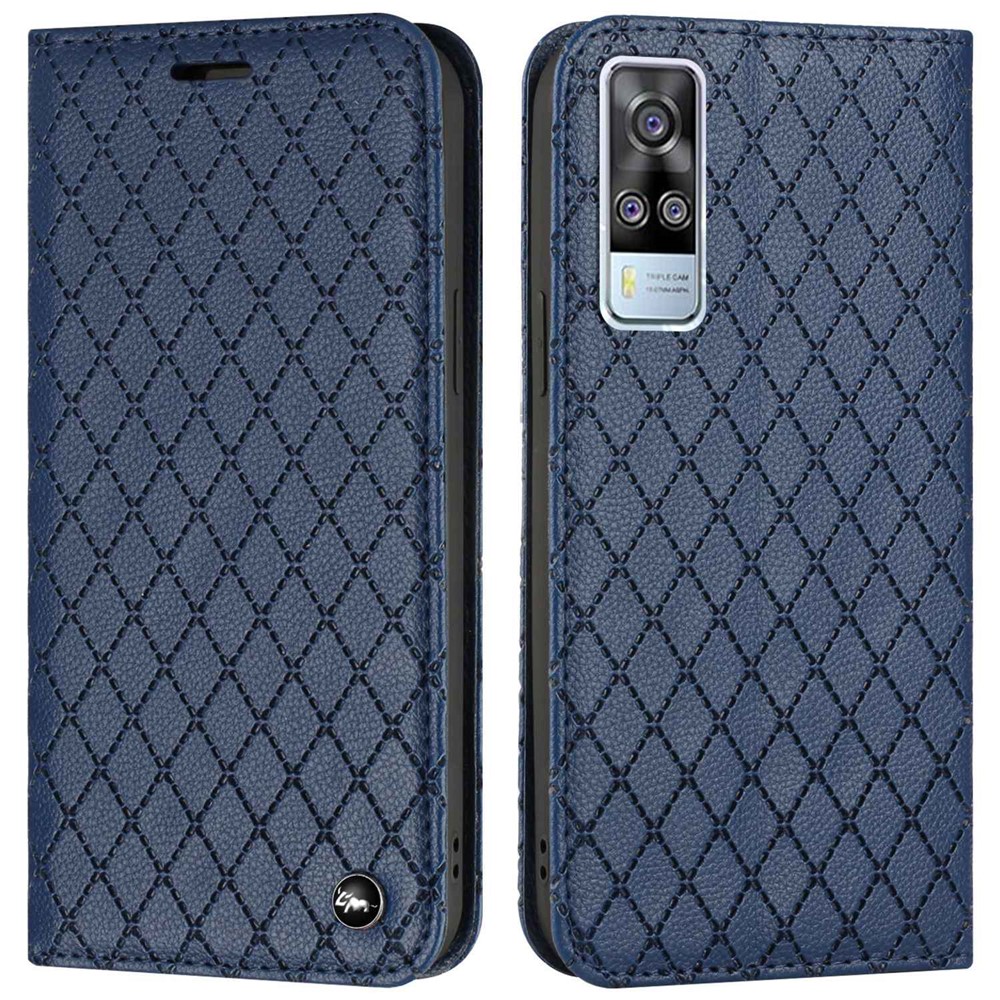 For vivo Y51s / Y51a / Y51 (2020, December) Anti-fall Imprinted Rhombus Pattern Phone Flip Leather Wallet Case Litchi Texture Wear-resistant Cover with Stand - Blue-1