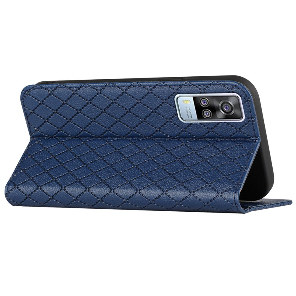 For vivo Y51s / Y51a / Y51 (2020, December) Anti-fall Imprinted Rhombus Pattern Phone Flip Leather Wallet Case Litchi Texture Wear-resistant Cover with Stand - Blue-4