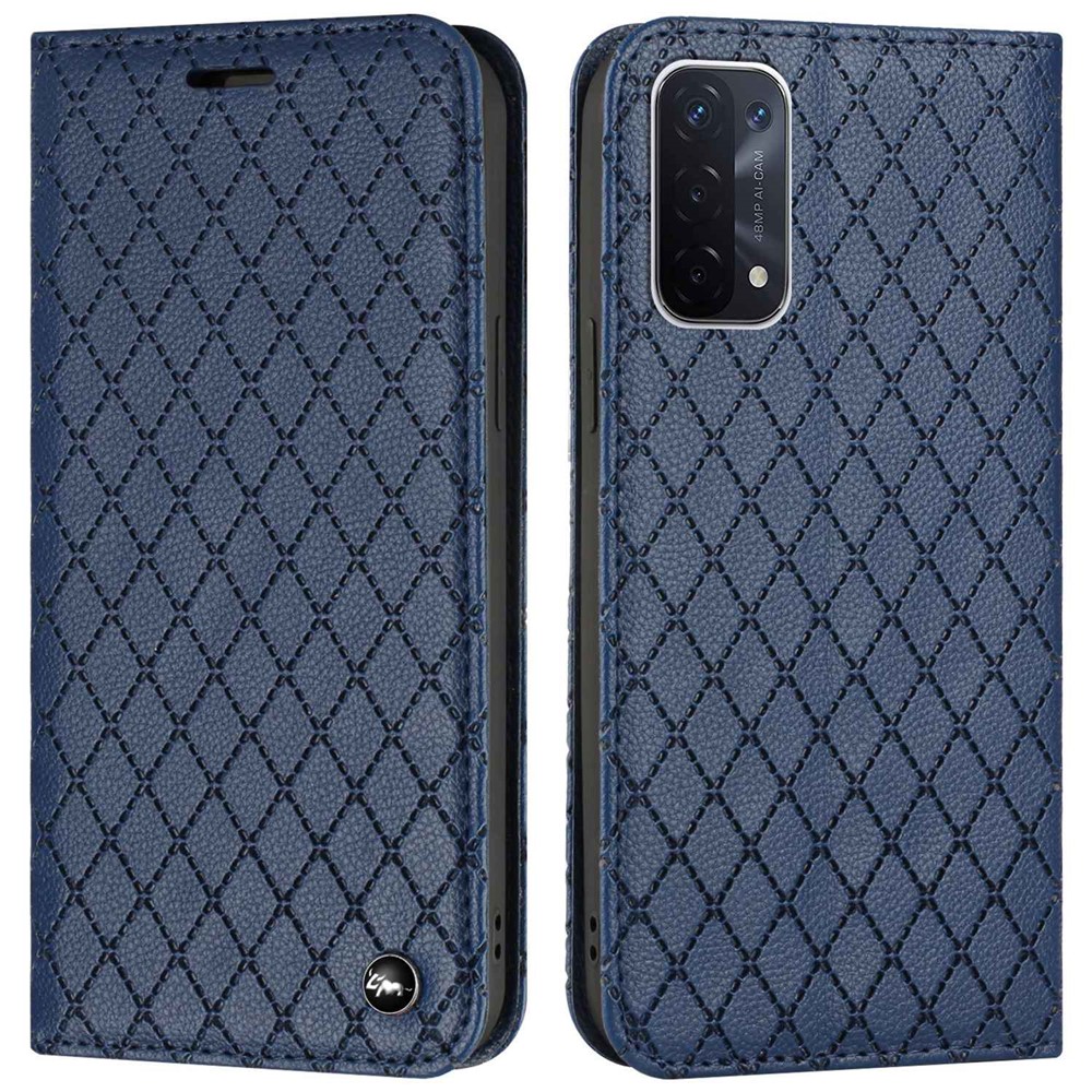 For Oppo A54 / A74 / A93 5G Litchi Texture Phone Wallet Case with Imprinted Rhombus Pattern RFID Blocking Protective Cover Viewing Stand - Blue-1