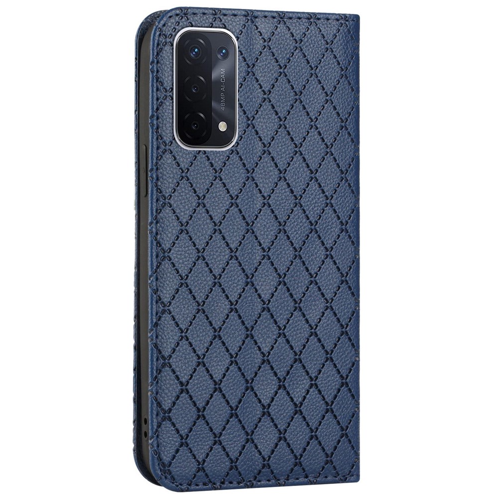 For Oppo A54 / A74 / A93 5G Litchi Texture Phone Wallet Case with Imprinted Rhombus Pattern RFID Blocking Protective Cover Viewing Stand - Blue-11