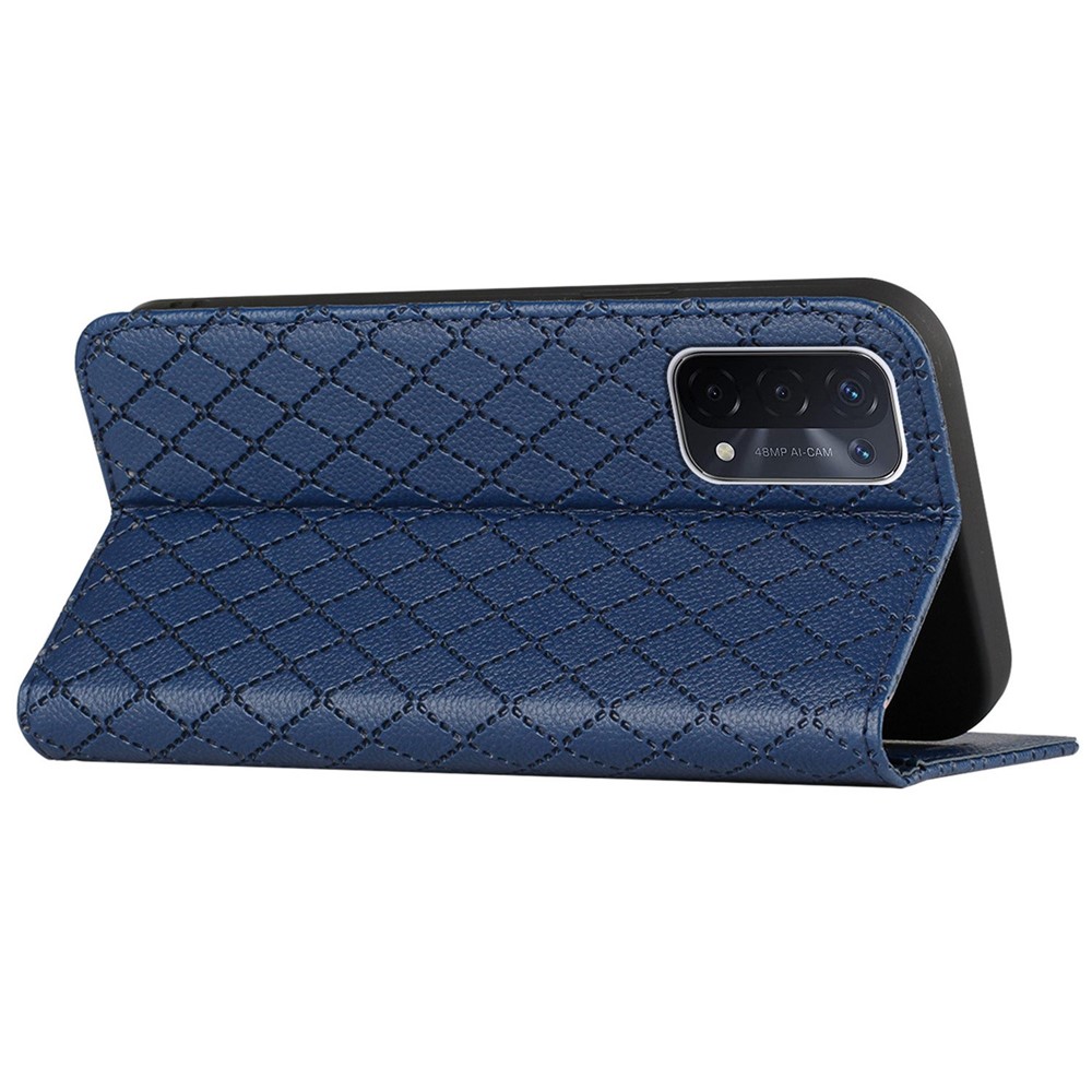 For Oppo A54 / A74 / A93 5G Litchi Texture Phone Wallet Case with Imprinted Rhombus Pattern RFID Blocking Protective Cover Viewing Stand - Blue-4
